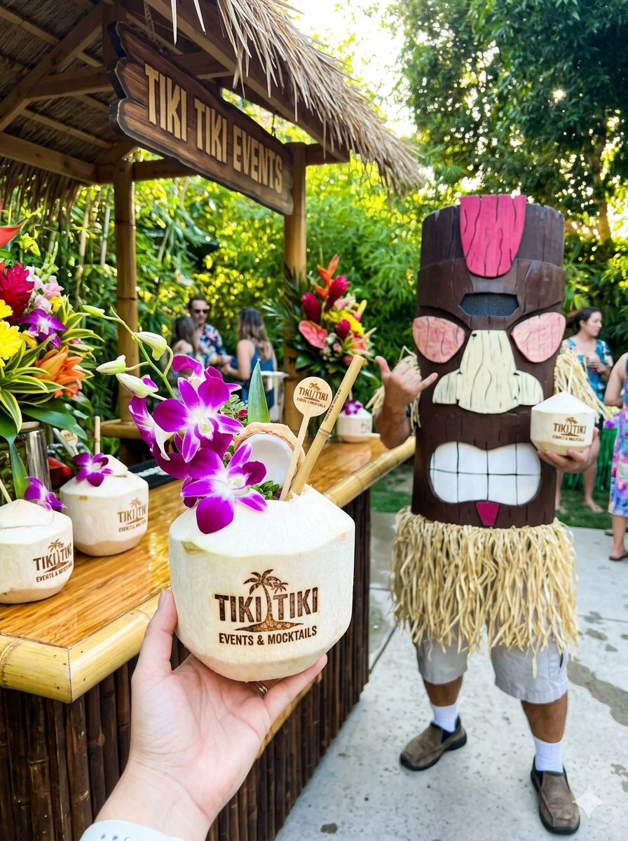 Tropical floral coconut display styled for a luxury event welcome table