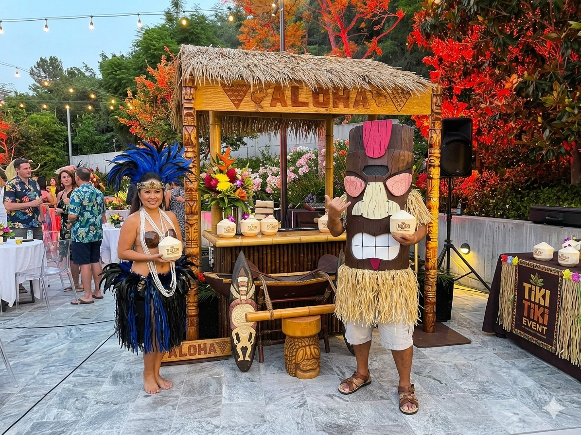 Wood-carved tiki statues and tropical decor at a corporate event venue